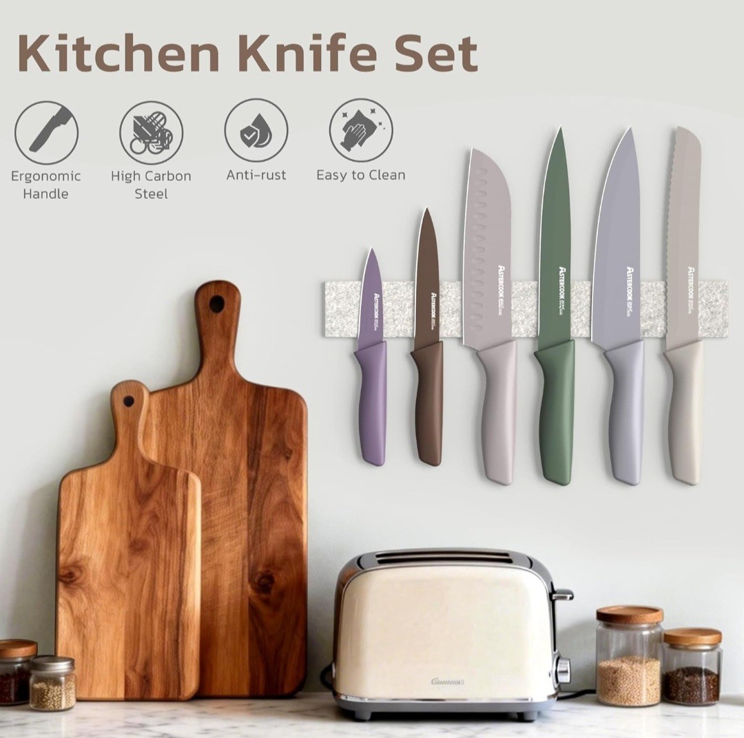 AsterCook Multicolor Kitchen Knife Set, High Carbon Steel, Dishwasher Safe, 6 Pc