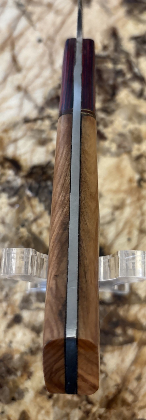 13” Damascus Serrated Bread Knife W/ Multi Colored Wood Handle & Leather Sheath