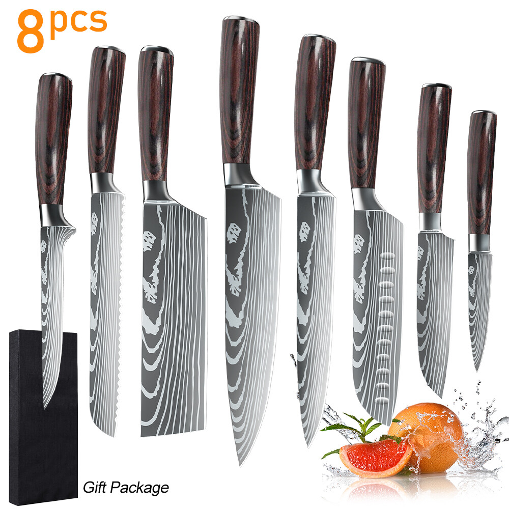 8Pcs Kitchen Knife Set Stainless Steel Ultra Sharp Chef Meat Knives w/ Gift Box