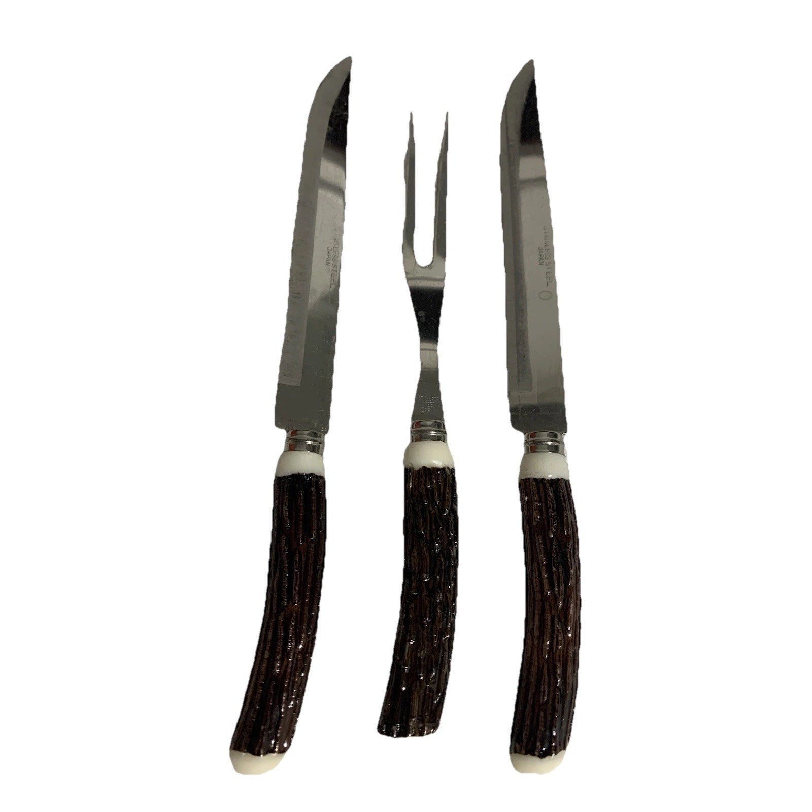 VTG 60’S 3 Piece NEVCO CARVING KNIVES & FORK FAUX STAG HORN HANDLE JAPAN