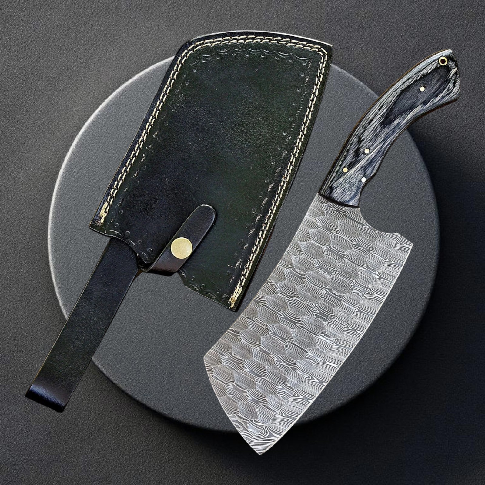 Damascus Cleaver Knife Shard Blade Hand Forged Butcher Meat Chopper Wood Sheath