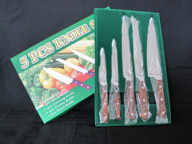 5 PCS KNIFE SET COOKINGKITCHEN CHEF CARVING PARER BREAK UTILITY BOX WOOD HANDLE