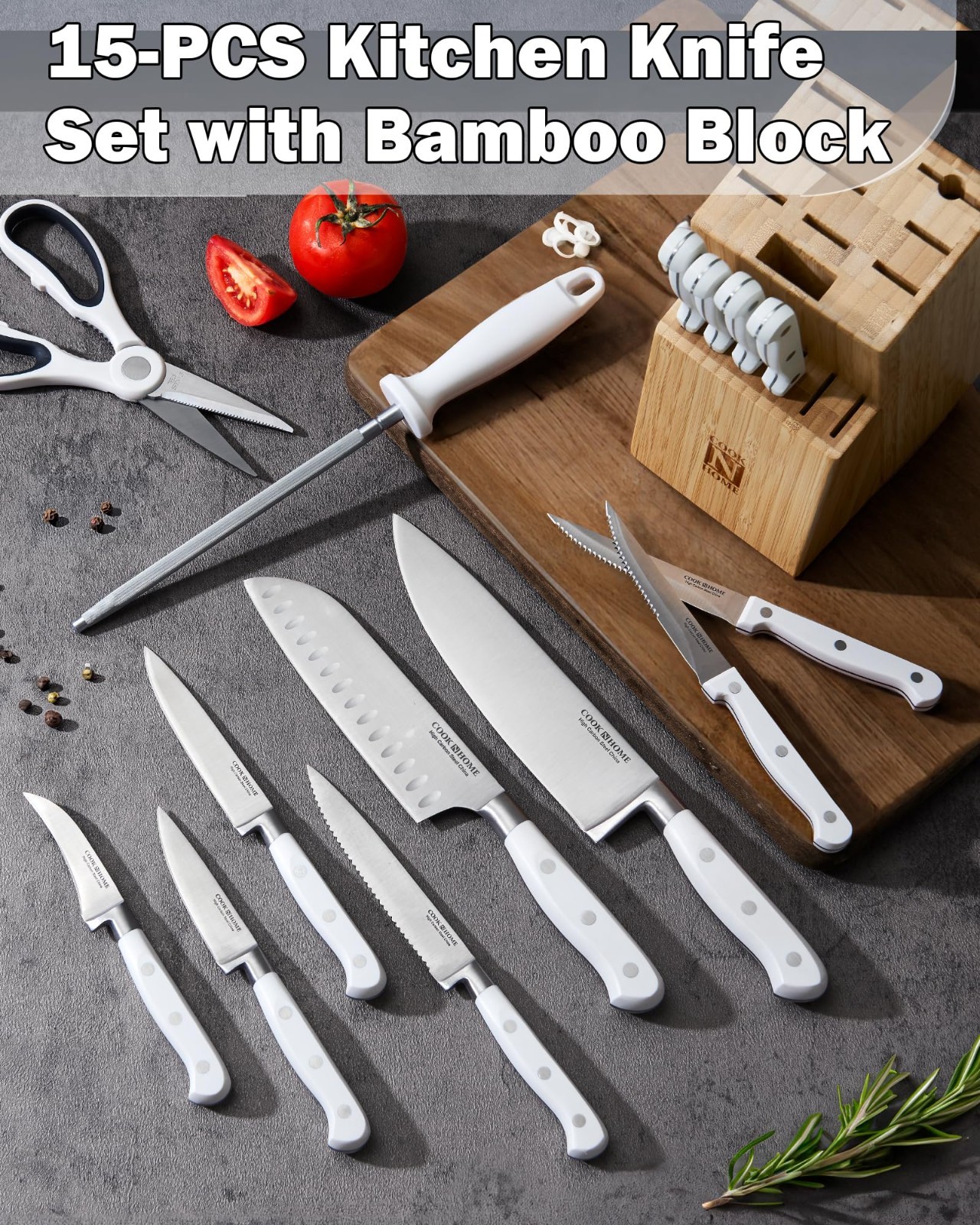 15-Piece Bamboo Kitchen Knife Block Set, High Carbon Stainless Steel Cutlery