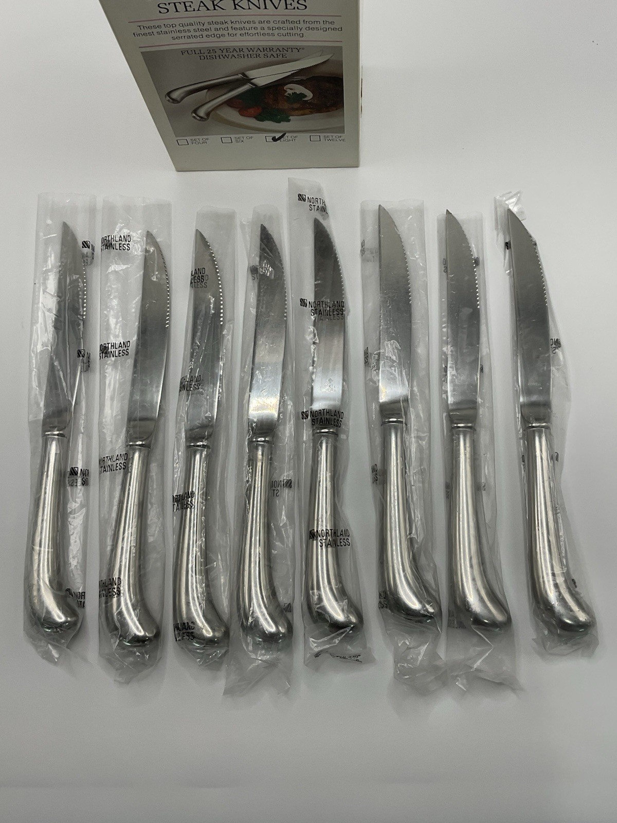 Vtg Oneida Northland Stainless Pistol Handle Steak Knives Set of 8 New In Box