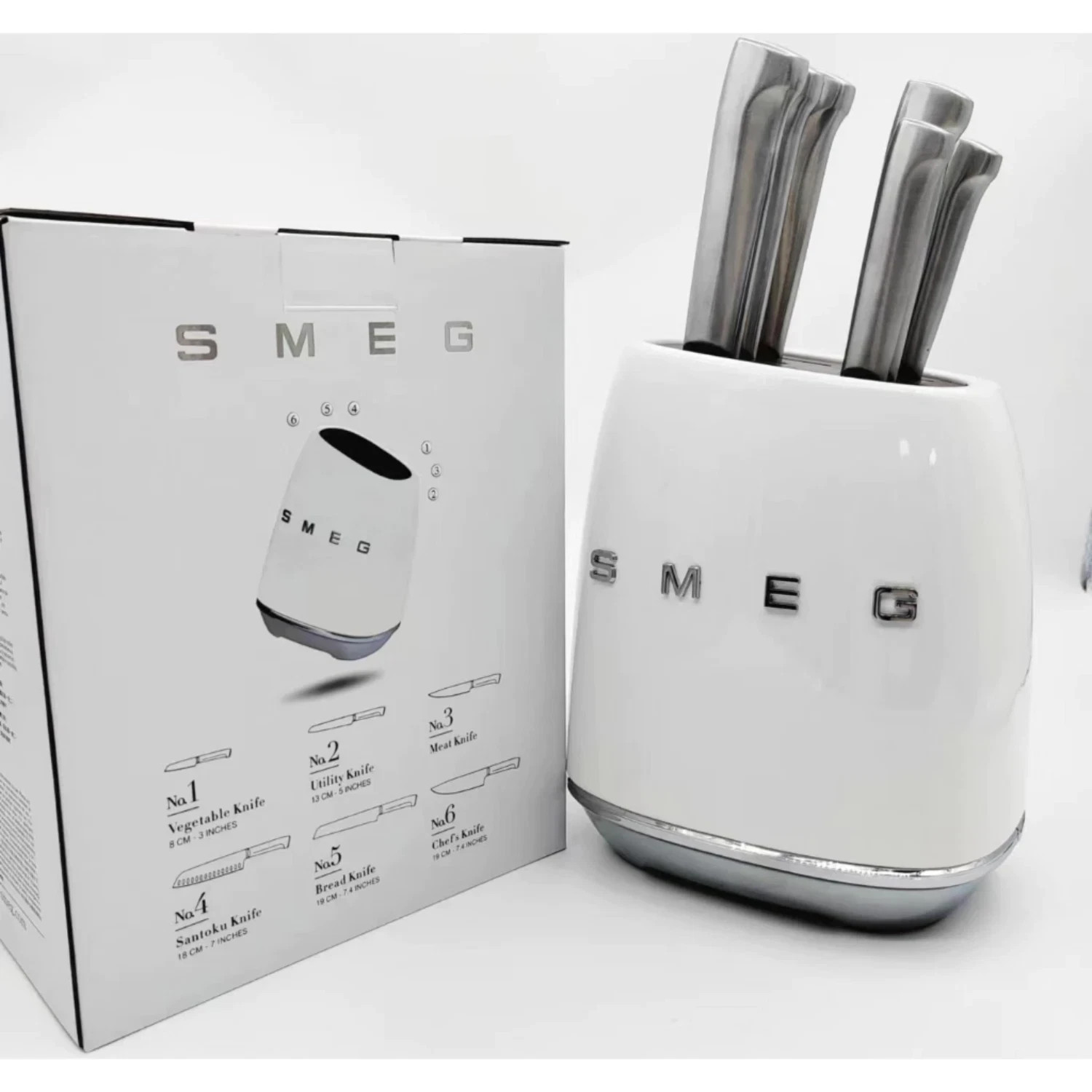 SMEG 7-Piece knife Block set stainless steel Ivory White Color New DHL EXPRESS