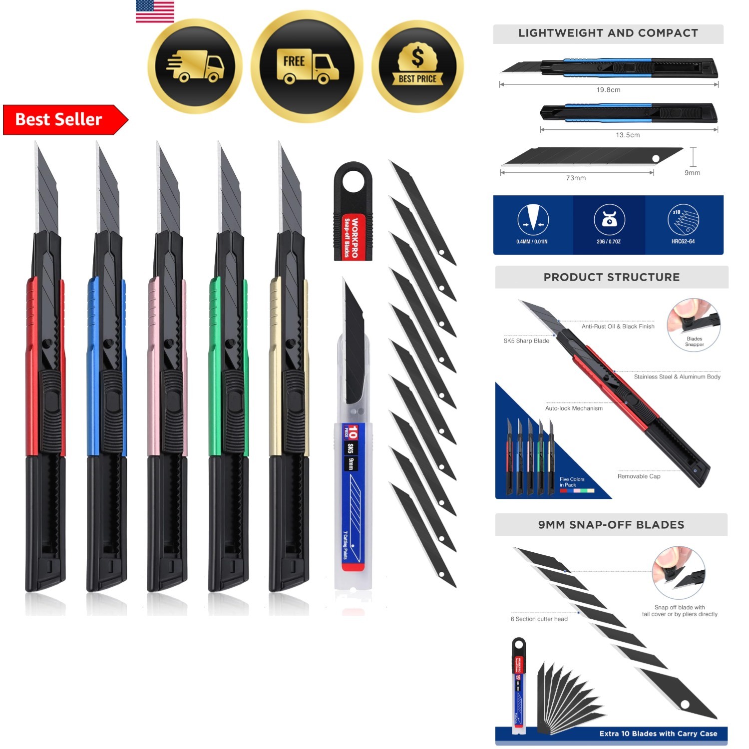 Utility Knife Heavy Duty Box Cutter Retractable Blade Set 5 Pack