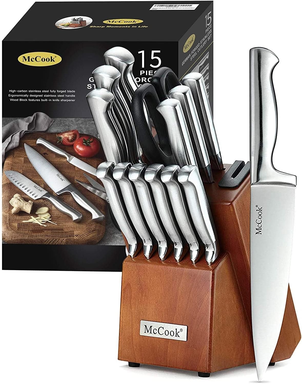 Effortless Cutting: 15-Piece German Stainless Steel Knife Set with Sharpener