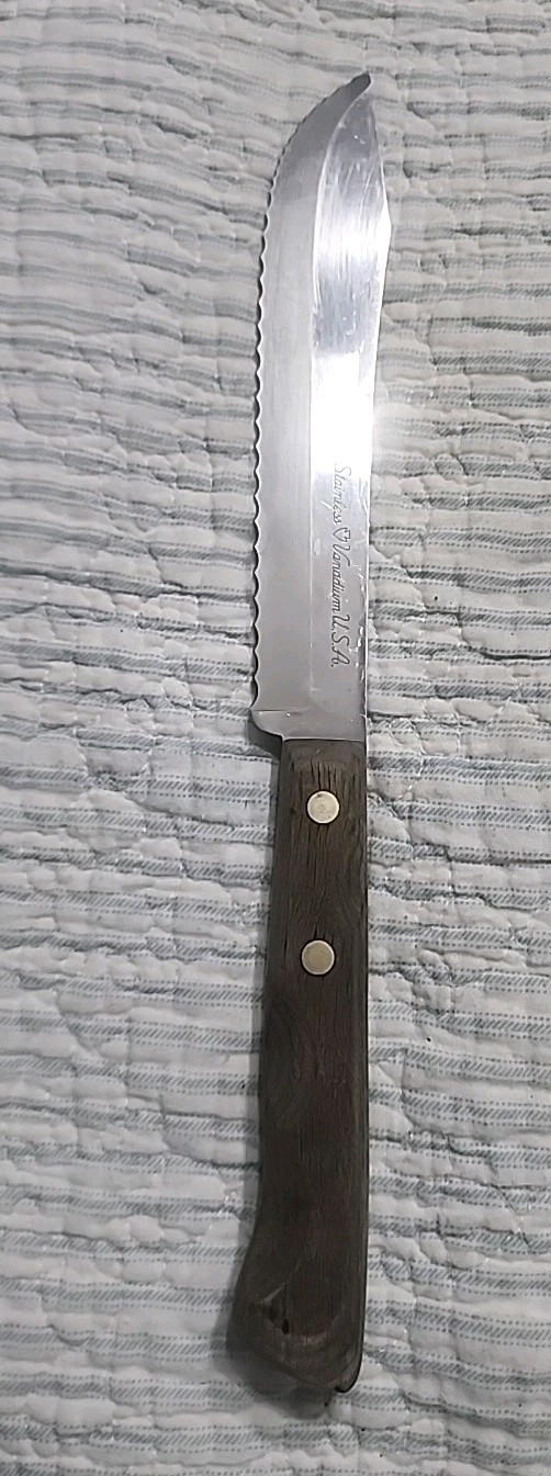 12in Serated VINTAGE FLINT Stainless Steel Verandium Knife U.S.A. Fitted Wood