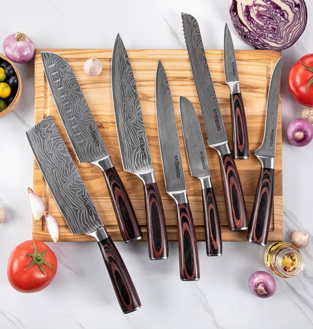 Master Chef 17 Knife Block Set Quality Damascus Steel & Acacia Wood Block