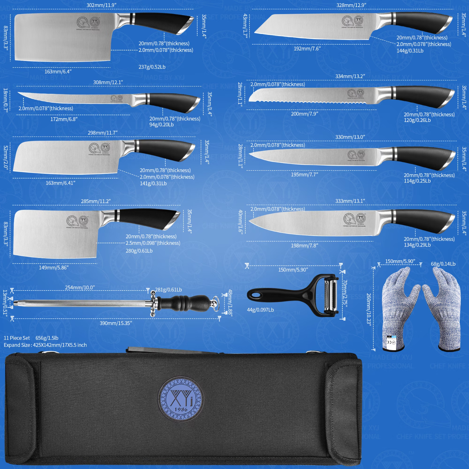 XYJ Authentic Since 1986,Professional Knife Sets for Master Chefs,8-pcs Chef