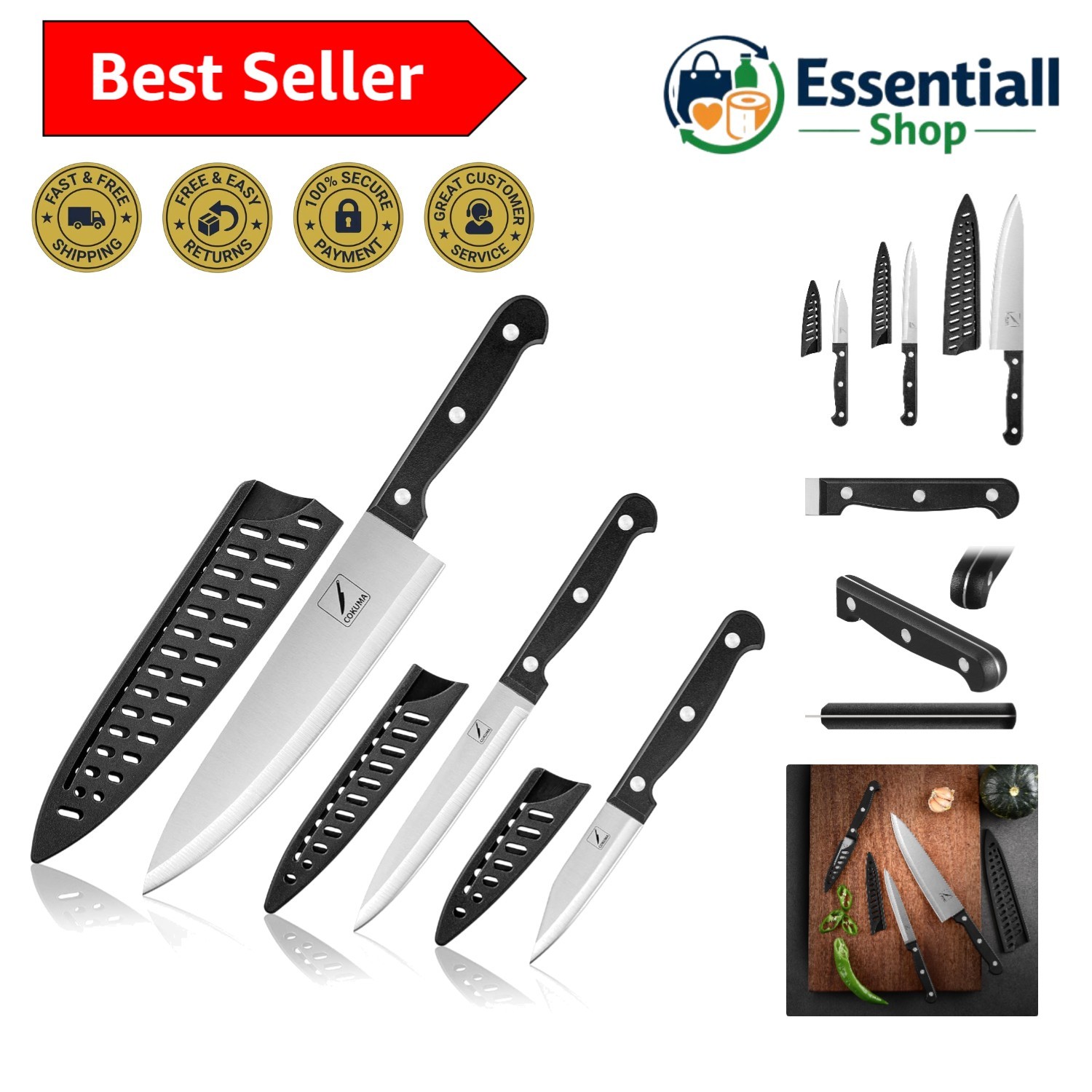 Durable High-Carbon Steel Kitchen Knife Set: Chef, Utility, Paring 3-Piece Set