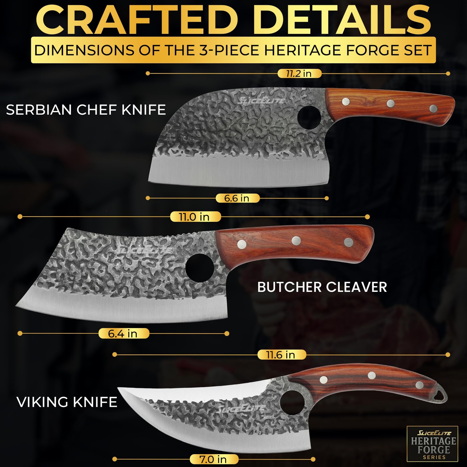 SliceElite 3PC Butcher Knife Set Serbian Chef Meat Cleaver Viking High Carbon