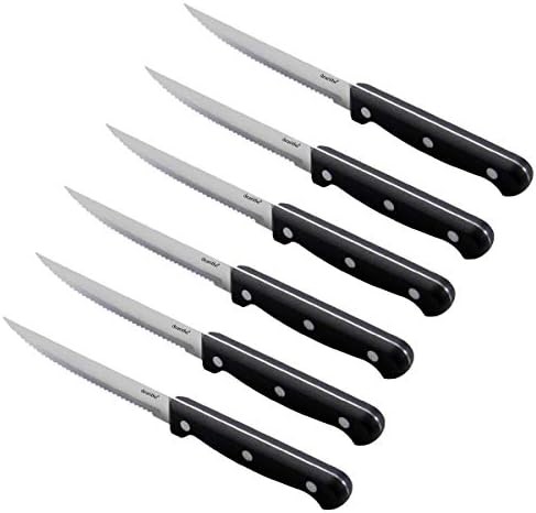 Steak Knives Set of 6, Black Full-Tang Triple Rivet Serrated Stainless Steel Sha