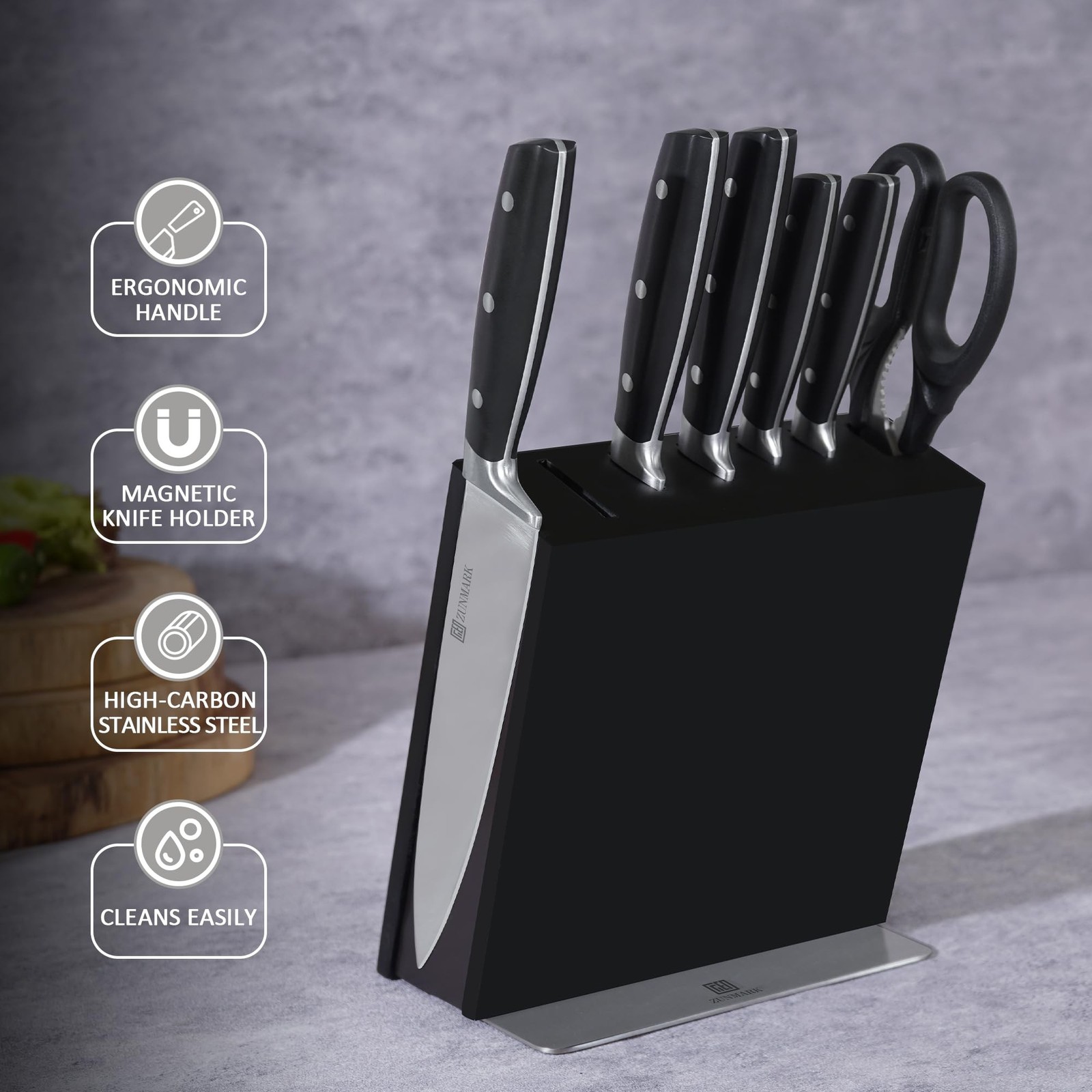 ZUNMARK Knife Set, 7 Piece Sharp Chef Knife Set Solid Wood Block, Unique