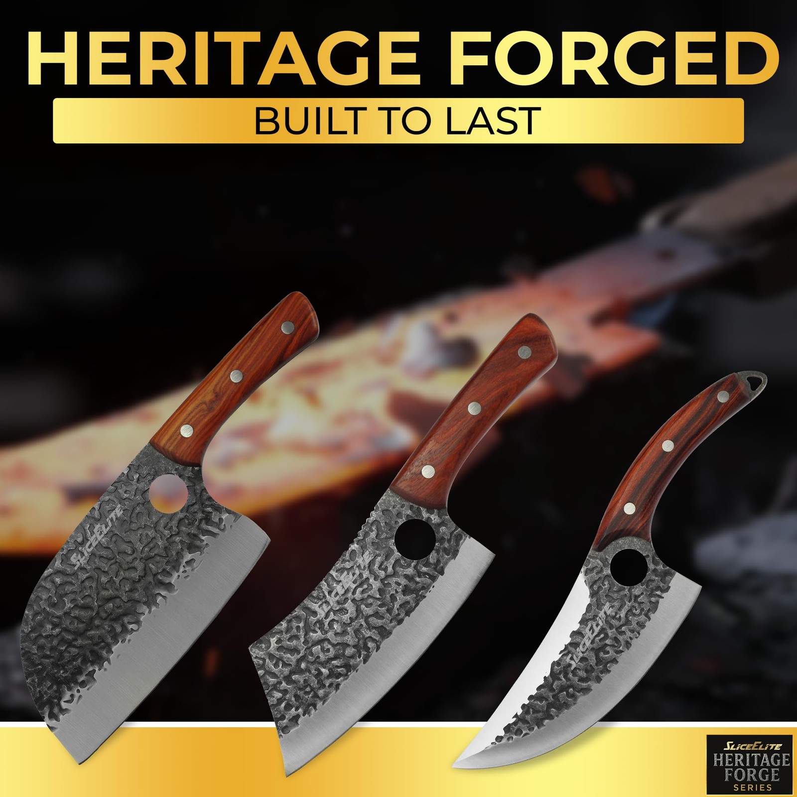 SliceElite 3PC Butcher Knife Set Serbian Chef Meat Cleaver Viking High Carbon