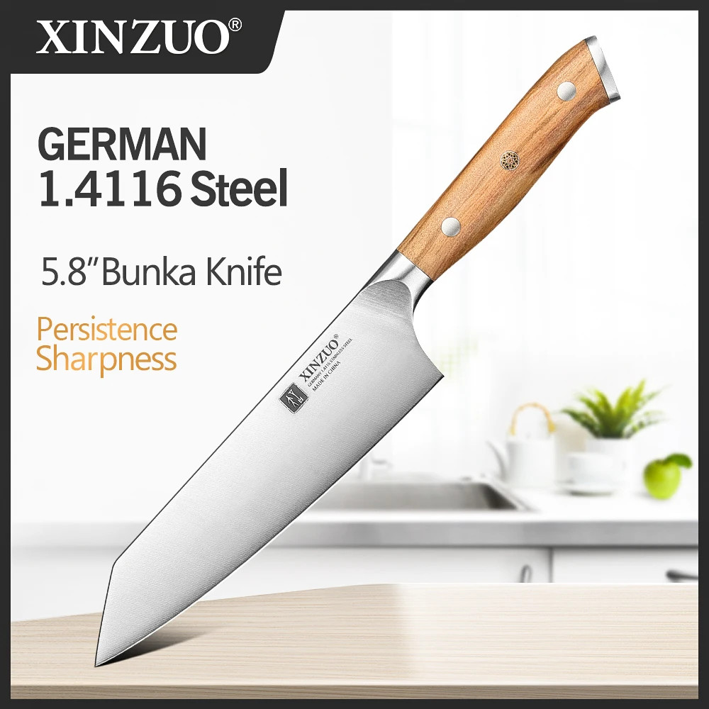 XINZUO 5.8″ Bunka Kitchen Knife German 1.4116 Steel Olive Wood Handle Chef