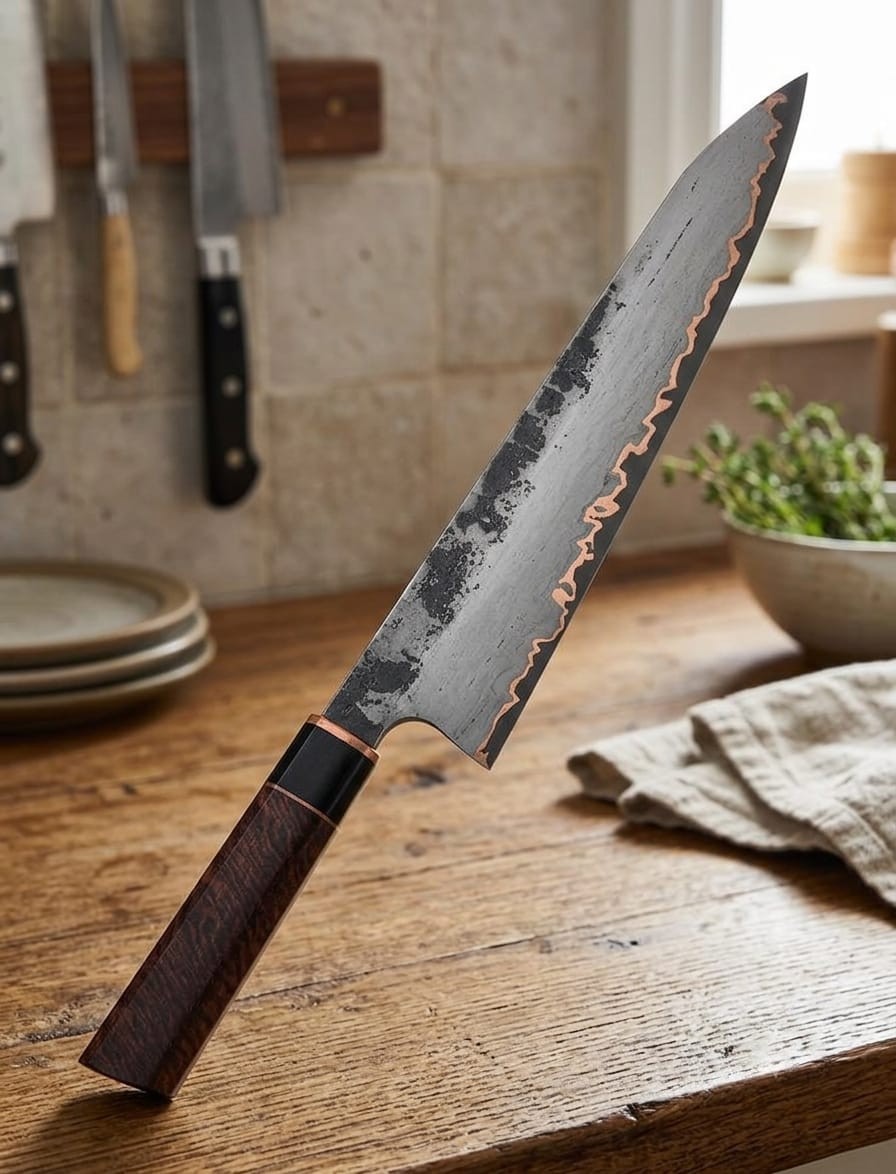 Copper Damascus Chef Knife – Handmade Kitchen Knife – Copper Blade Chef Knife