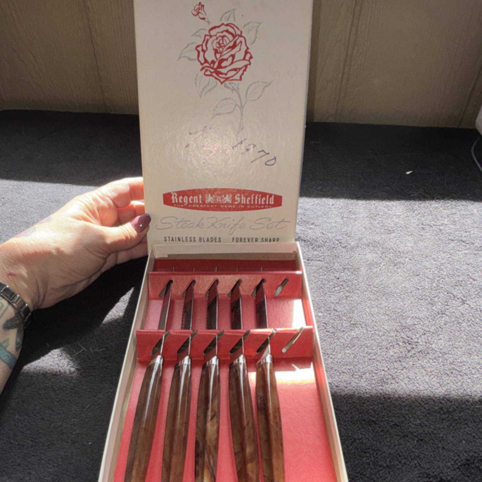 Regent Sheffield Forever Sharp Steak Knife Set 5pcs Stainless Wood Reg. 1970