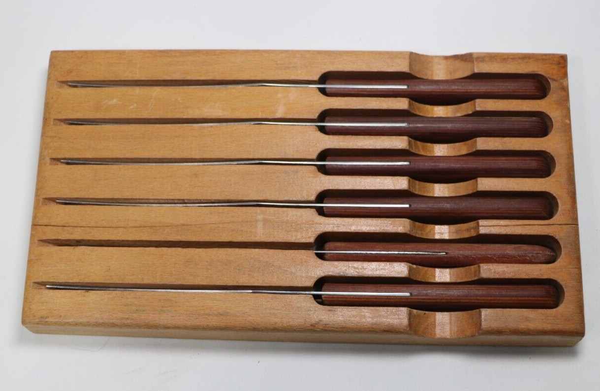 Vintage Boker Tree Brand Stainless Steak Knife Set 6pc USA Made Knives