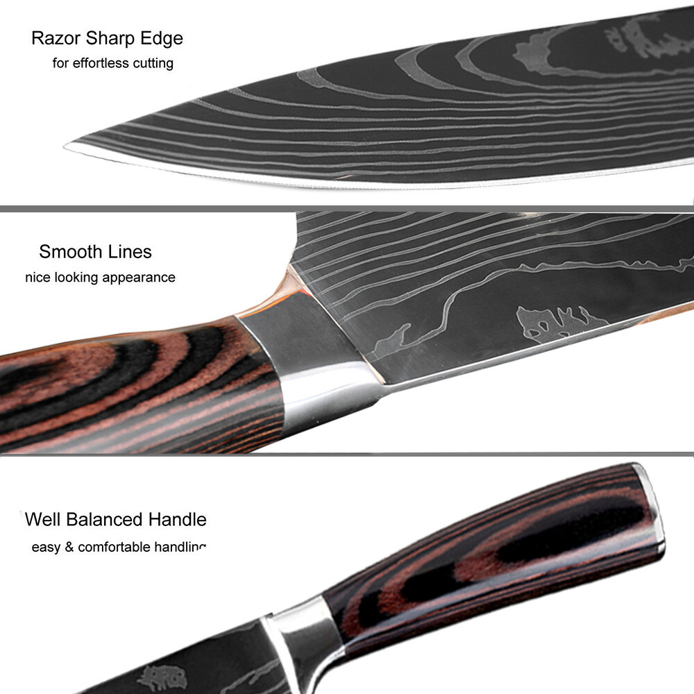 8 Pcs Kitchen Knives Set Japanese Damascus Pattern Stainless Steel Chef Gift Box