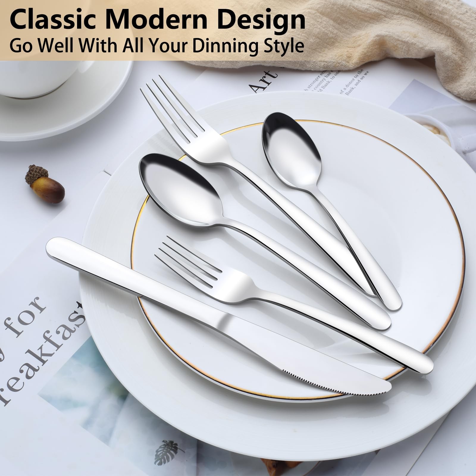Pleafind 60-Pcs Silverware Set Service for 12, Stainless Steel Flatware Set, Inc