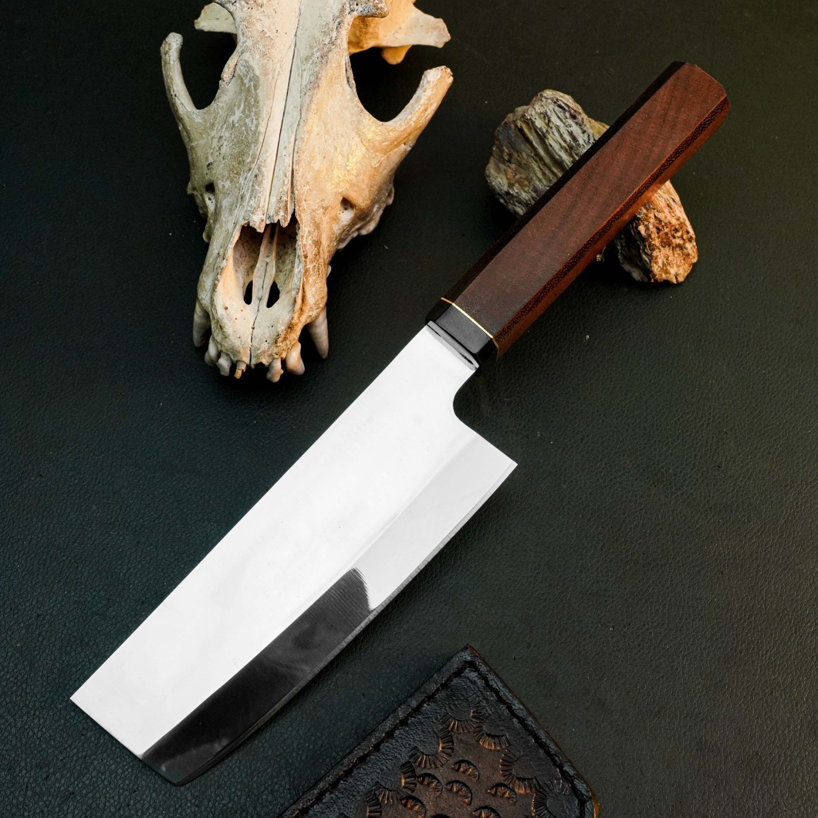 11.0″ D2 Kitchen Knife Full Tang Camping Red Oak Handle Chef Leather Sheath
