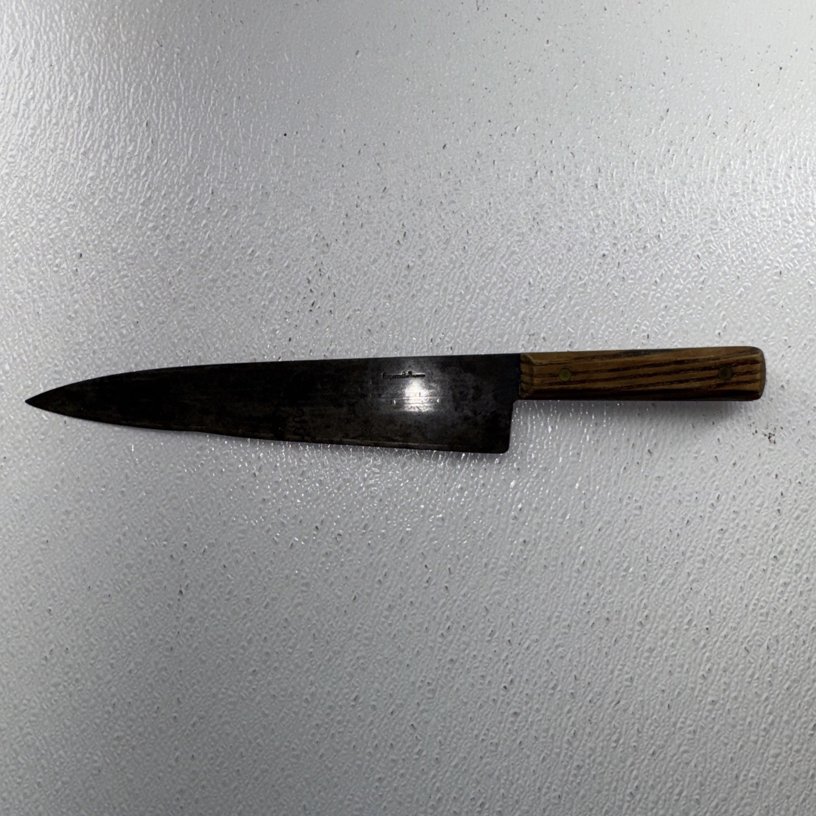 VINTAGE FORGECRAFT HI-CARBON LARGE CHEF’S KNIFE 10″ CARBON STEEL BLADE USA