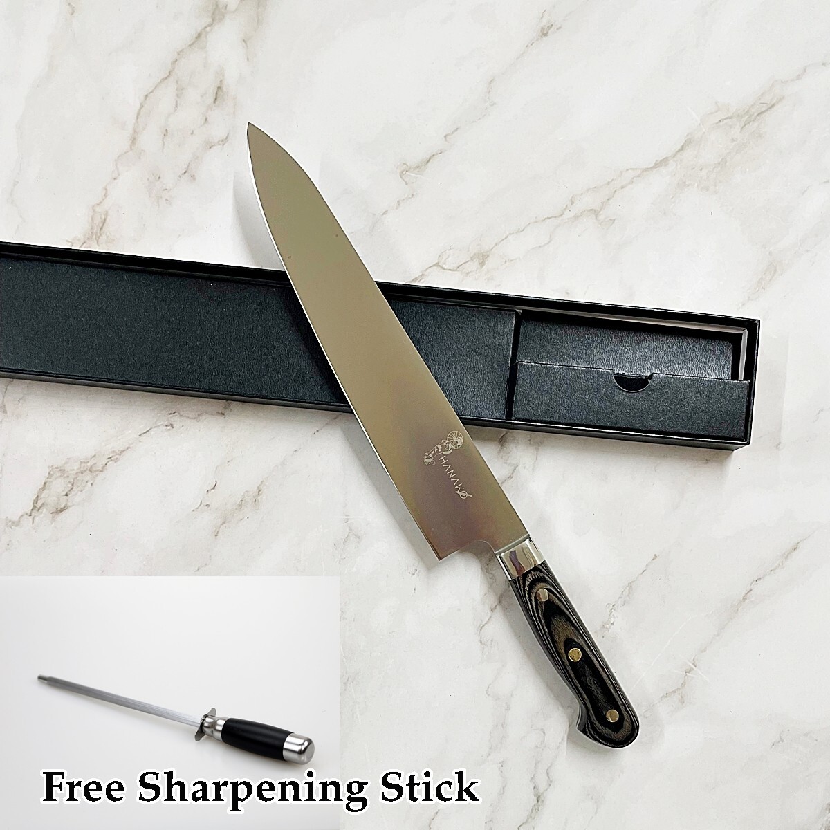 12 in Chef Knife with Sharpening Stick German Steel Pakkawood Handle Edge Cover