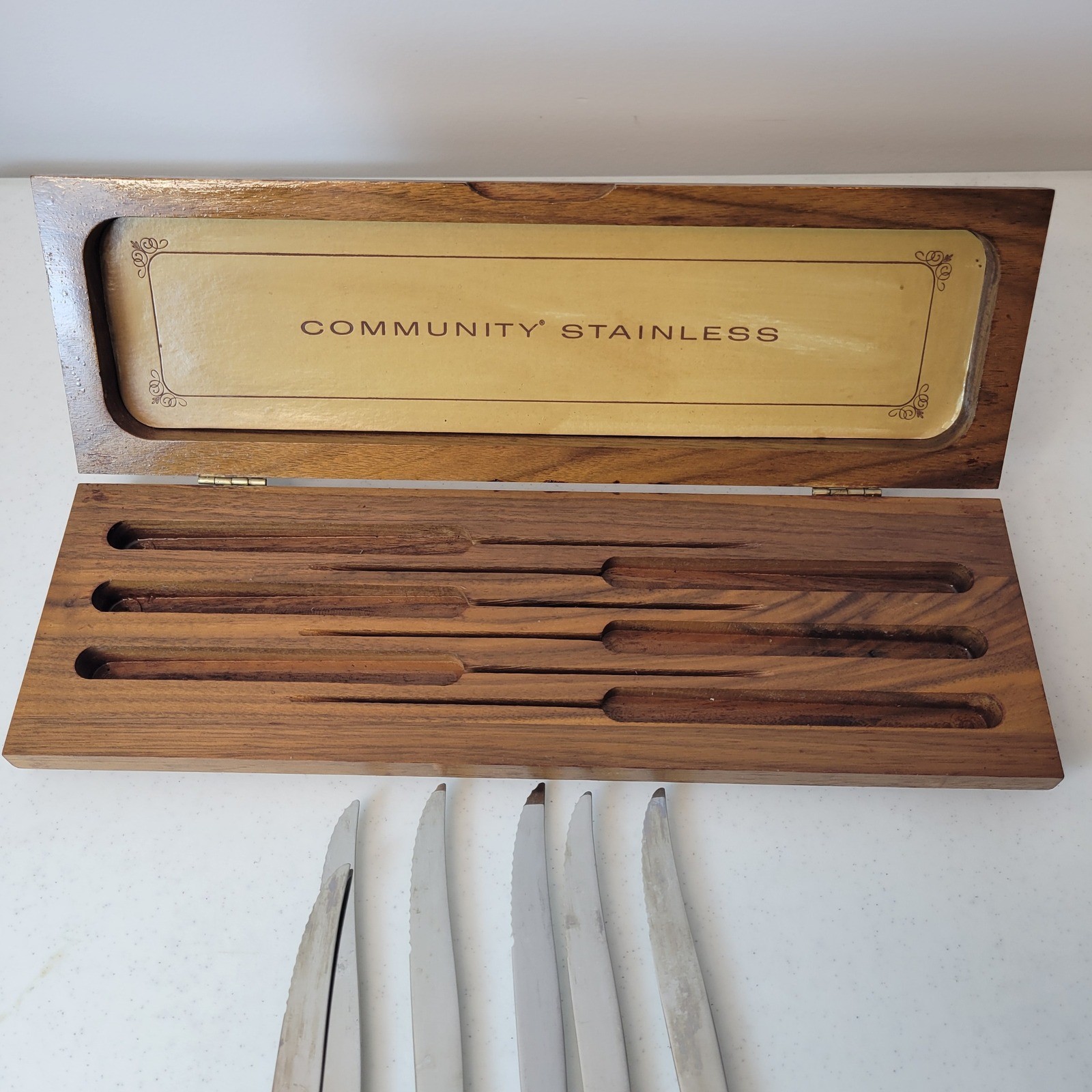 Vtg MCM Oneida Community Stainless Steak Knife Set Silver Wood Walnut Case 6 pc