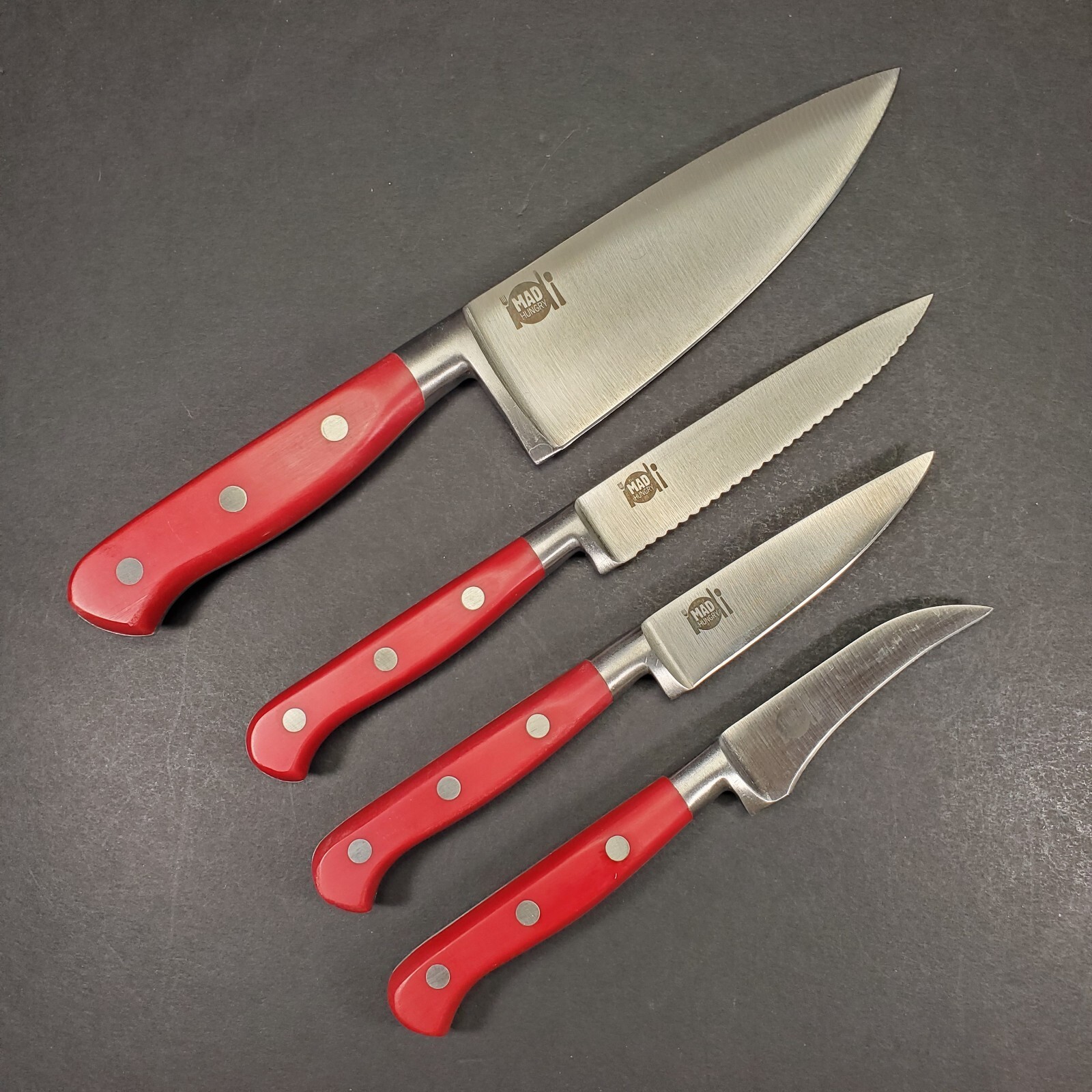 Mad Hungry 4 piece RED Handle Steel Specialty Kitchen Knife Set Cutlery NOS