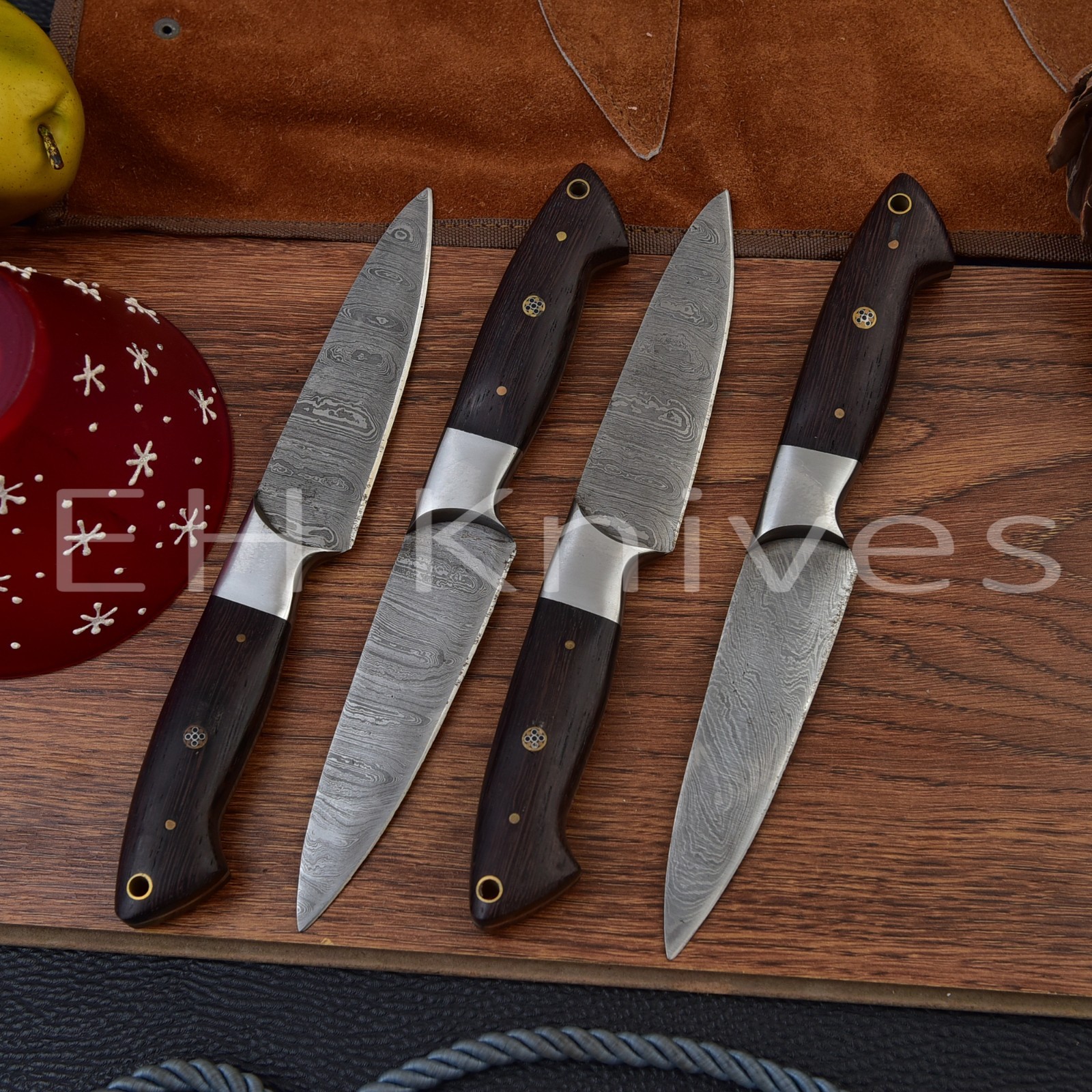 “Lot of 4 Handmade Damascus Steel Steak Knives Set – Kitchen Dining Cutlery