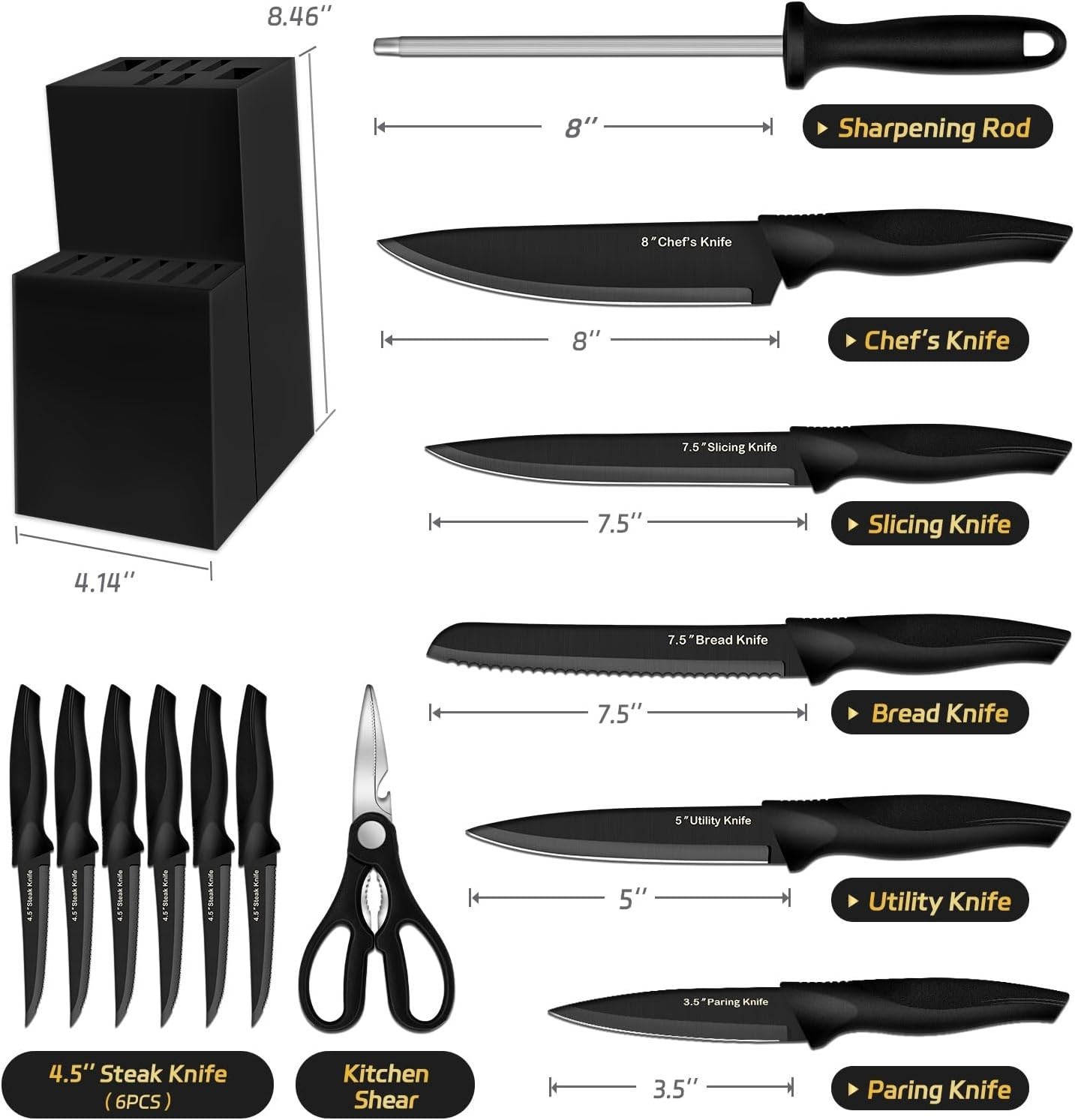 Professional 14-Piece Kitchen Knife Set with Laser-Cut Blades & Block Storage