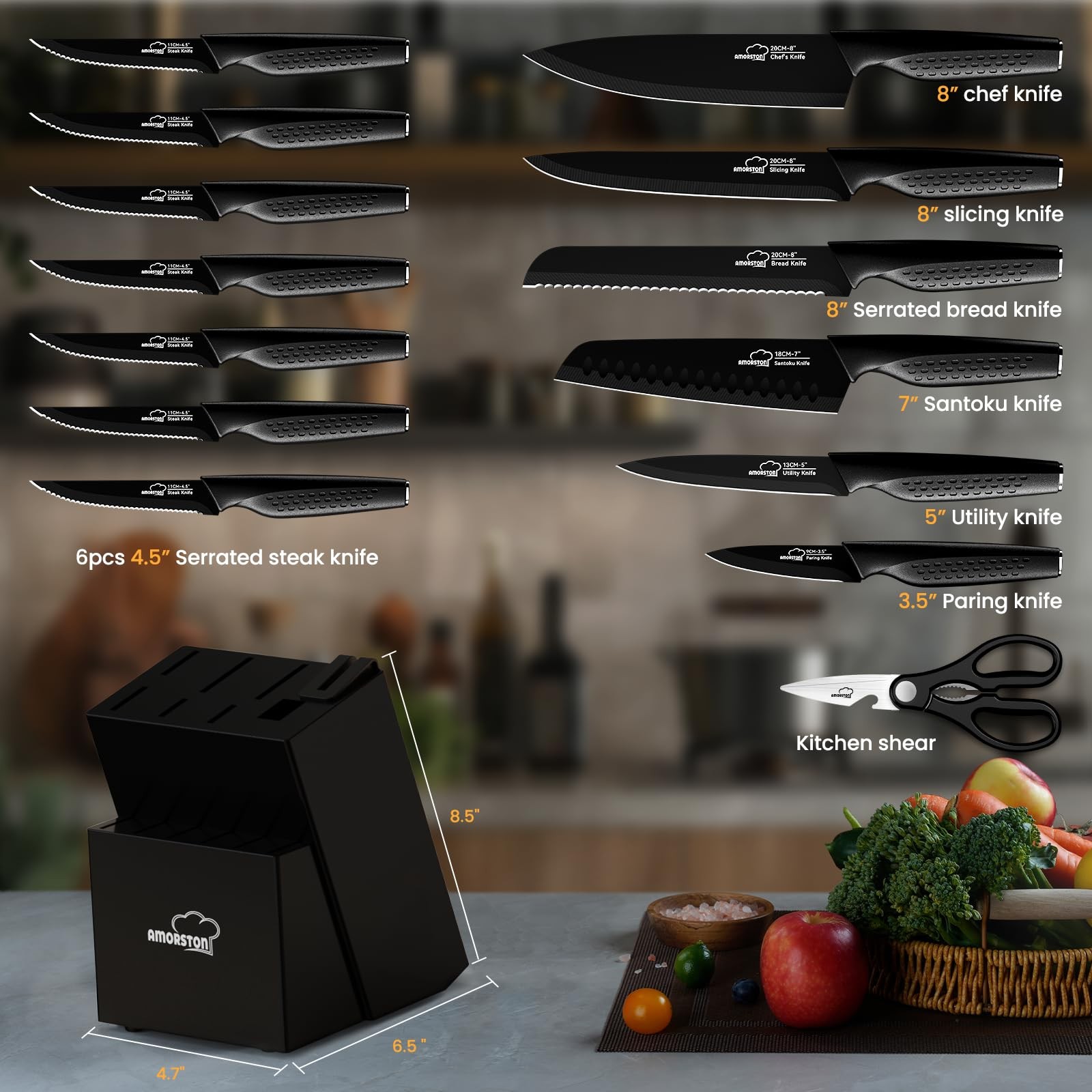Knife Set, 15 Pieces Kitchen Knife Set with Block Built in Sharpener, Dishwas…