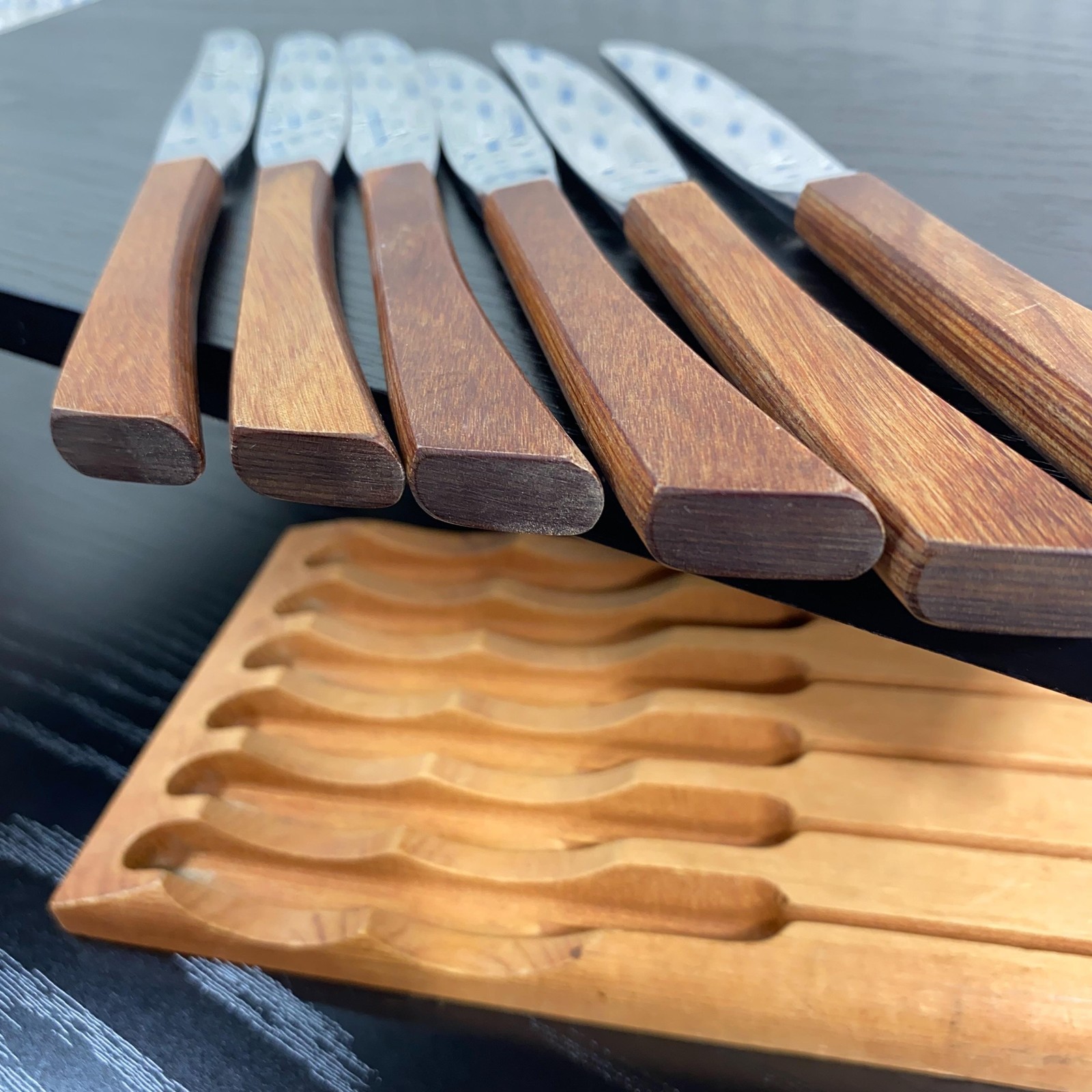 Vintage Steak Knives Set Of 7 Teak Wood Handles Stainless With Tray Brown MCM