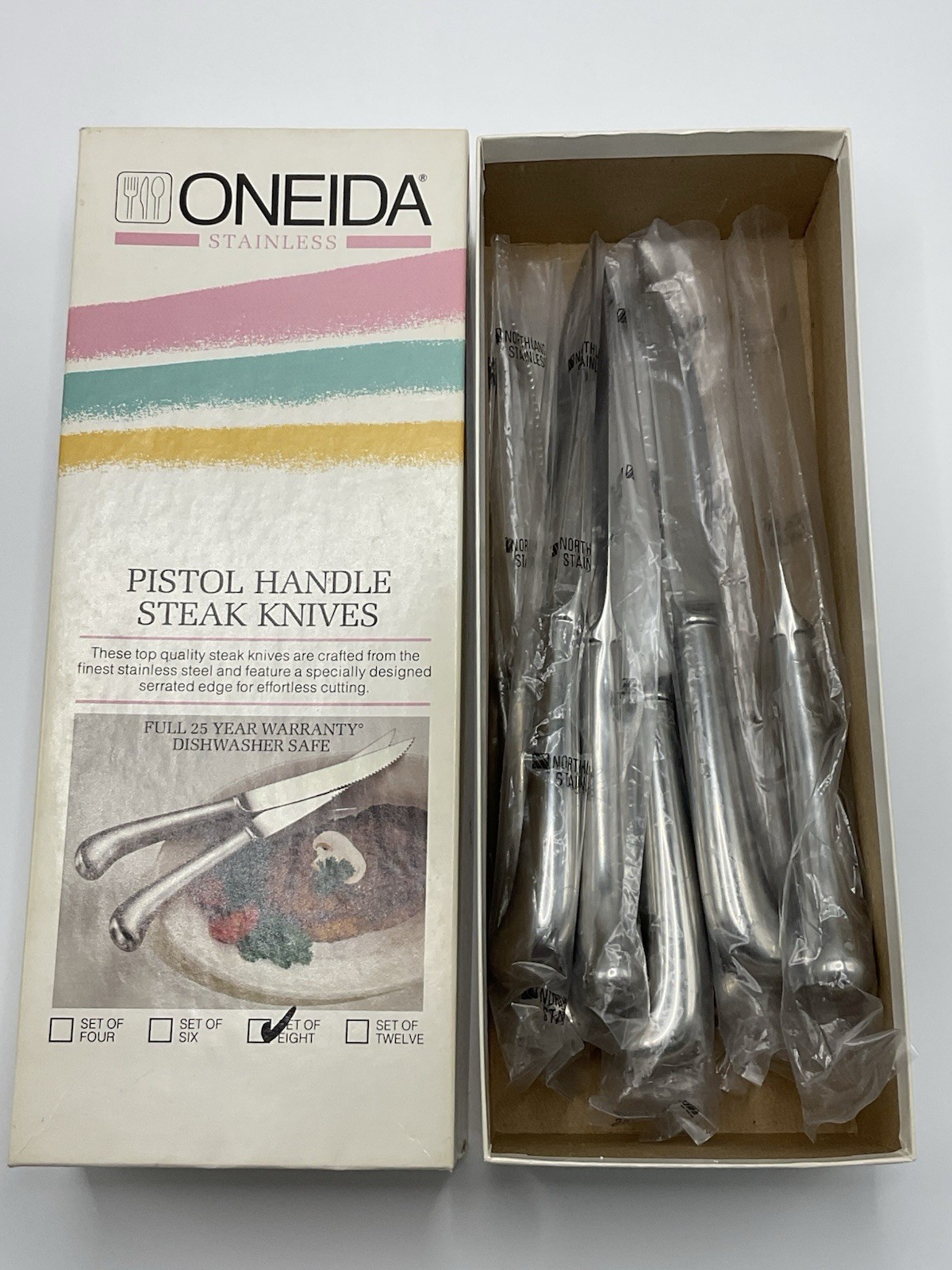 Vtg Oneida Northland Stainless Pistol Handle Steak Knives Set of 8 New In Box