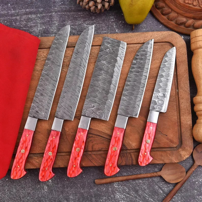 Handmade Damascus Chef Knife Set | 5-Piece Kitchen Knives with Leather Roll
