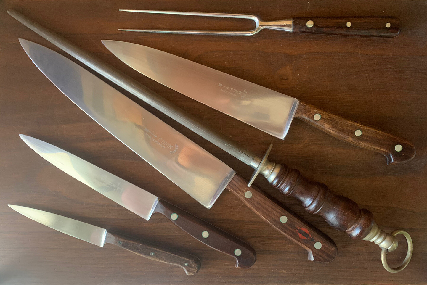 VINTAGE 6 Piece F. DICK Knife Set w/ F. Dick Leather Knife Roll EXCELLENT SHAPE