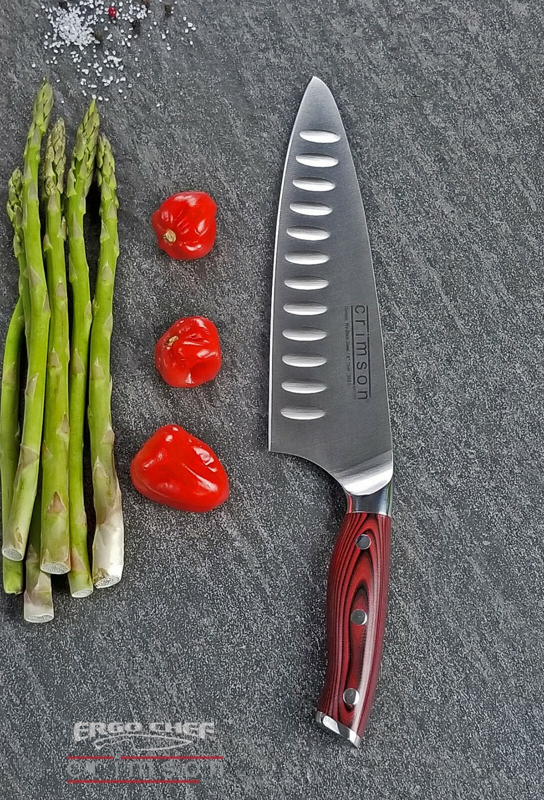 16 pc. Bamboo Block knife set G10 Handles German Steel CRIMSON Series Ergo Chef