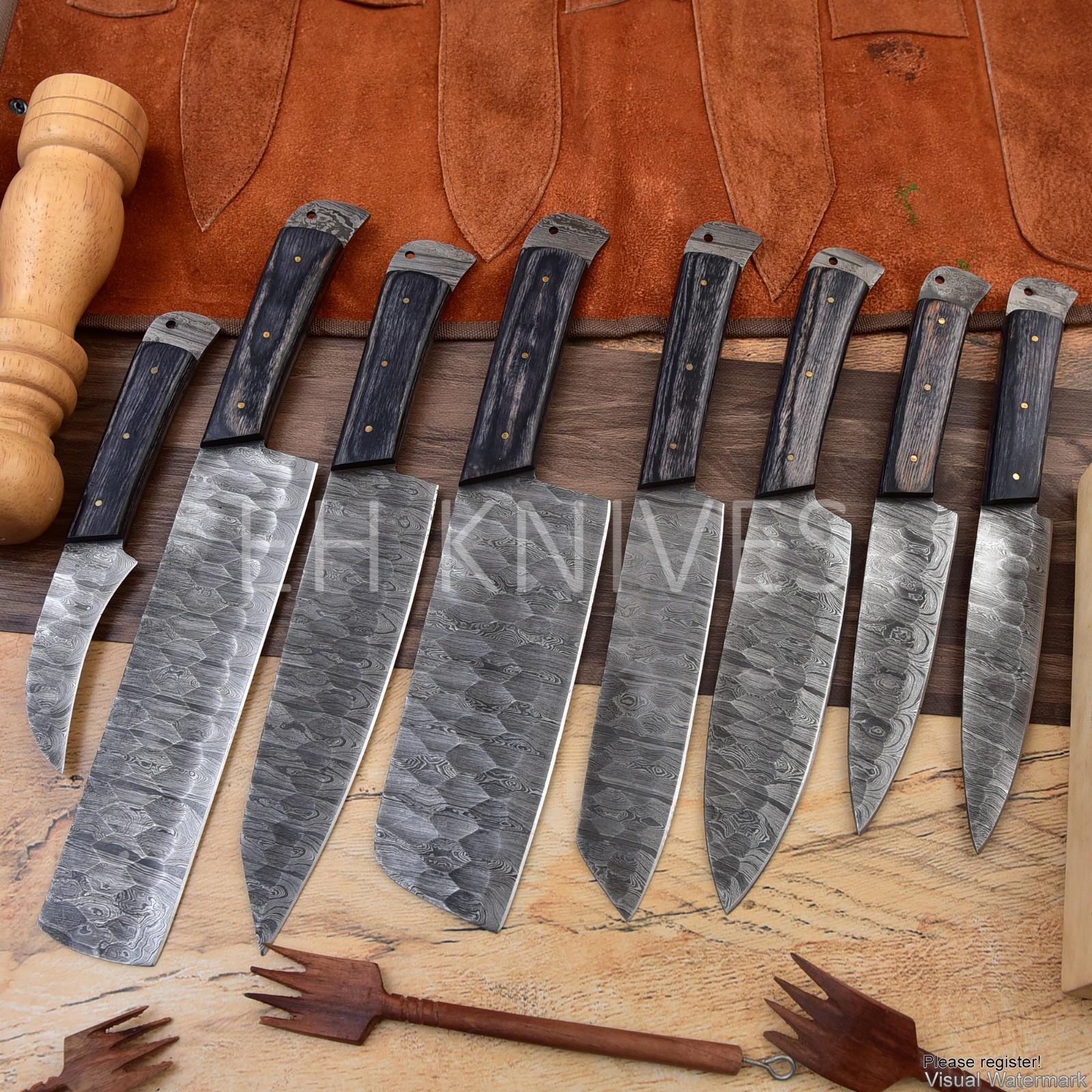 8 PIECES CUSTOM FORGED DAMASCUS STEEL KITCHEN CHEF KNIVES SET PAKKA WOOD HANDLE