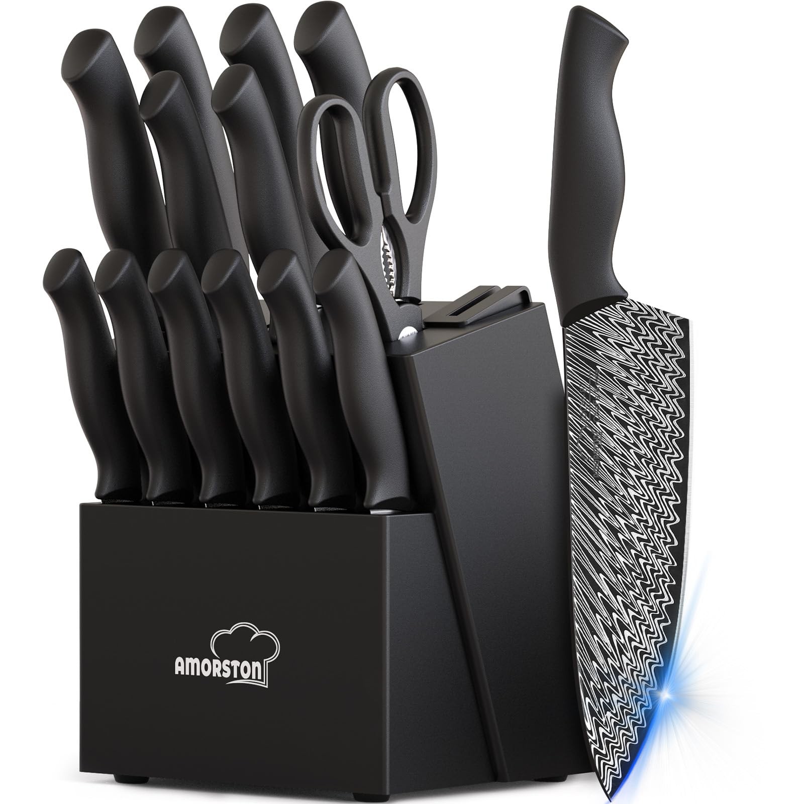 KNIFE SET 15 PIECES KITCHEN KNIFE SET WITH BUILT IN KNIFE SHARPENER BLOCK