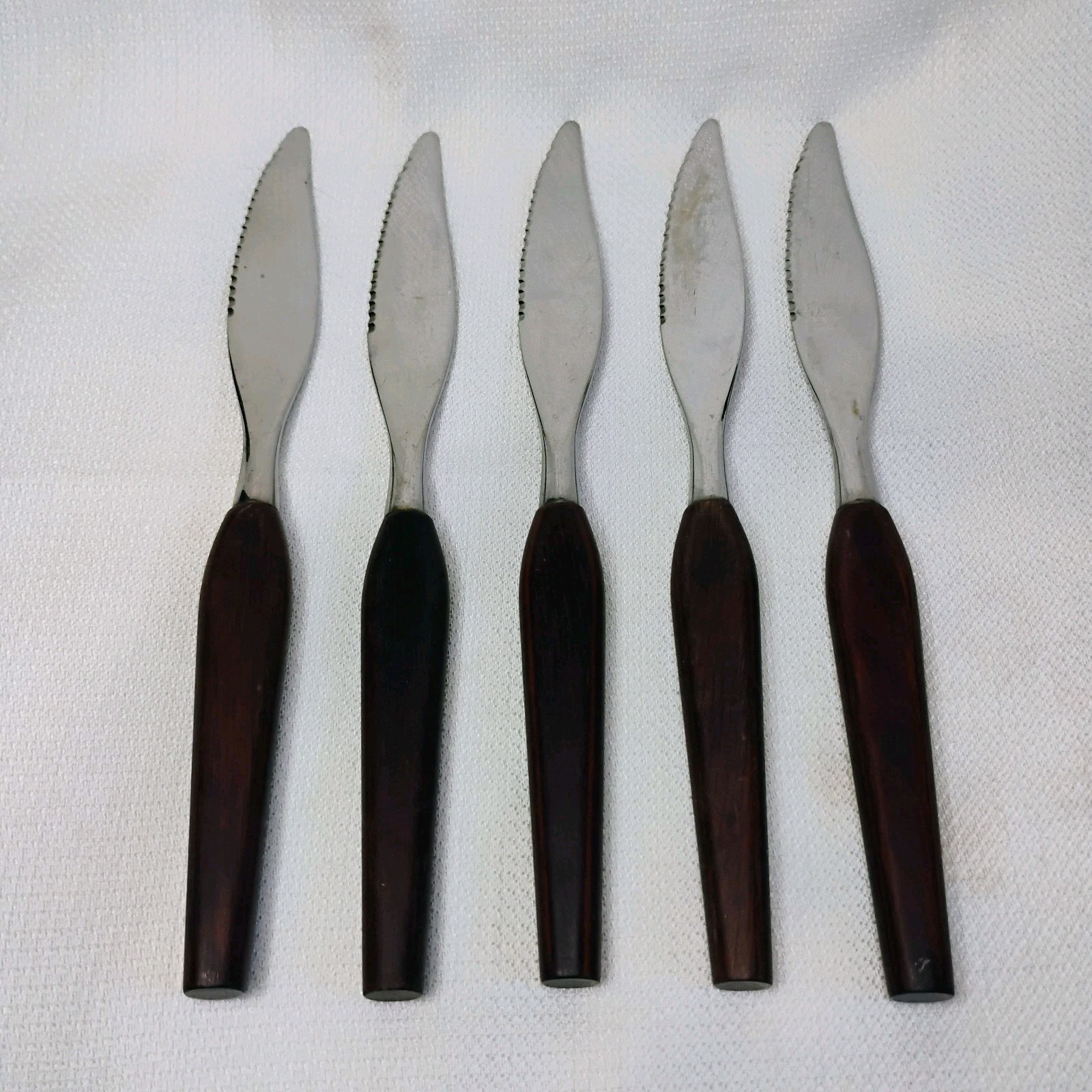 Vintage Teak Wood Fleetwood Designs Stainless Steak Knives Set of 5 8.25″ MCM