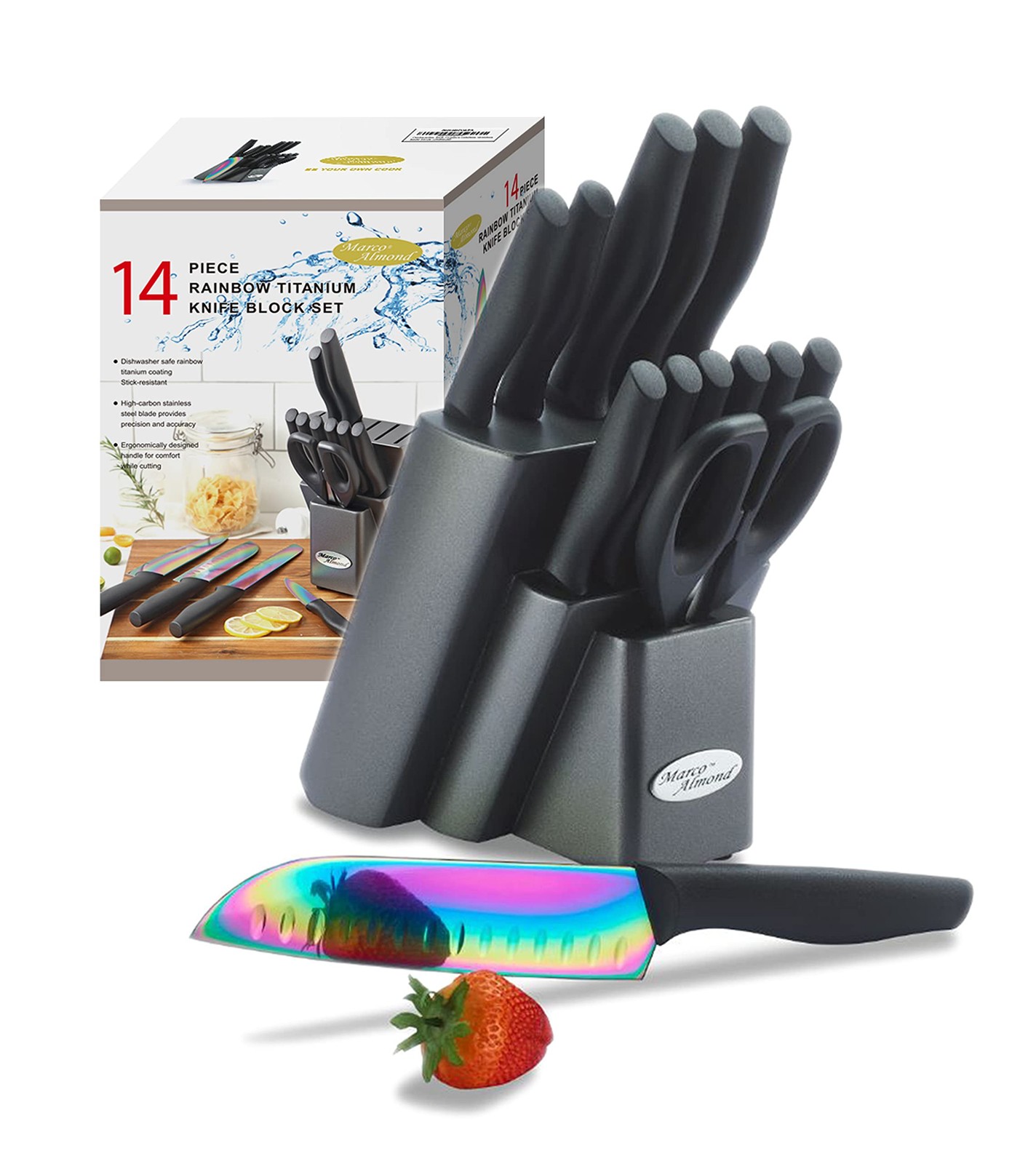 Marco Almond Knife Set with Block, 14 Piece Rainbow Titanium Knife Block Set,