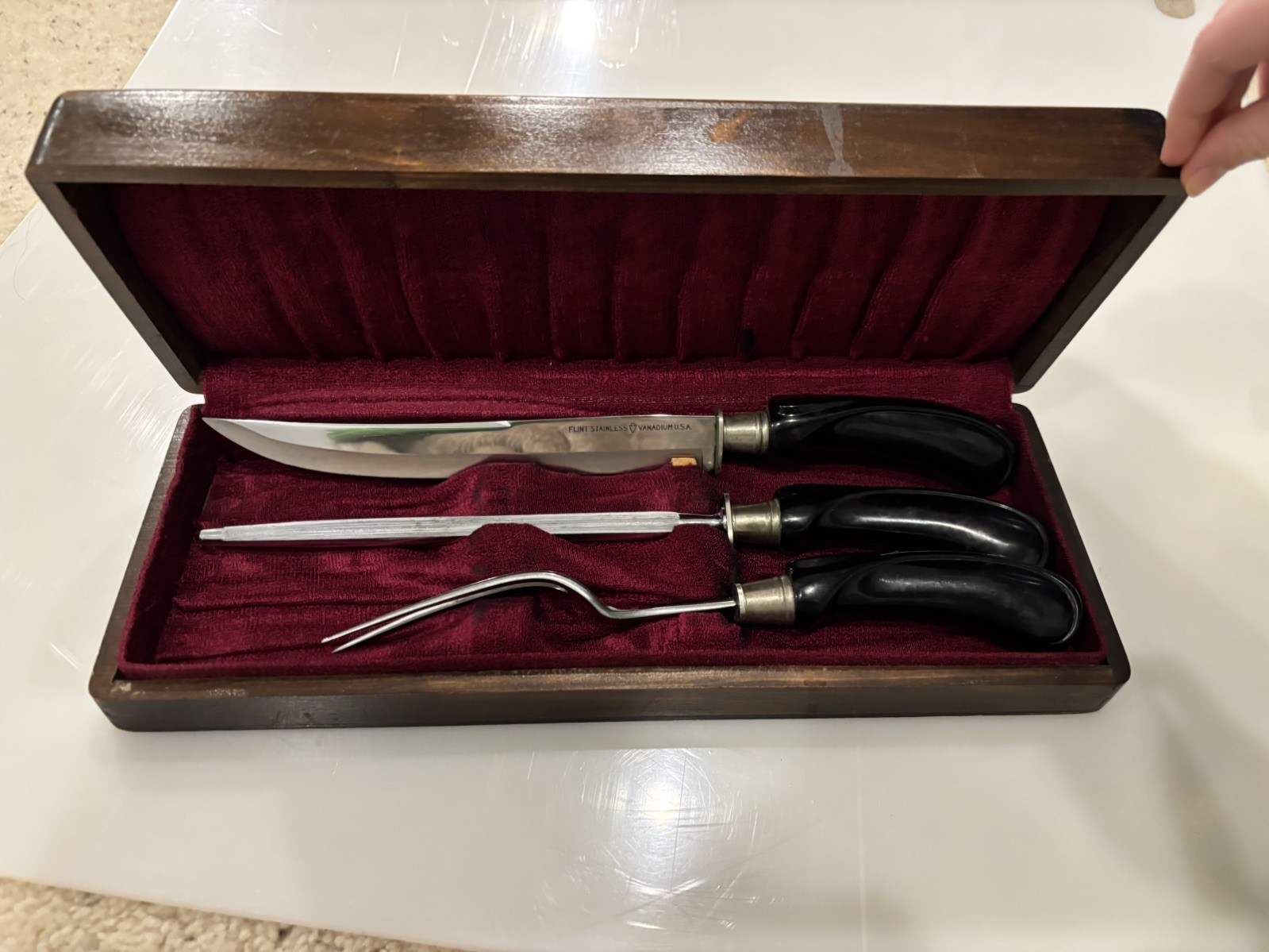 Vintage Flint Hollow Ground Cutlery Carving Set w/ Original Wood Box