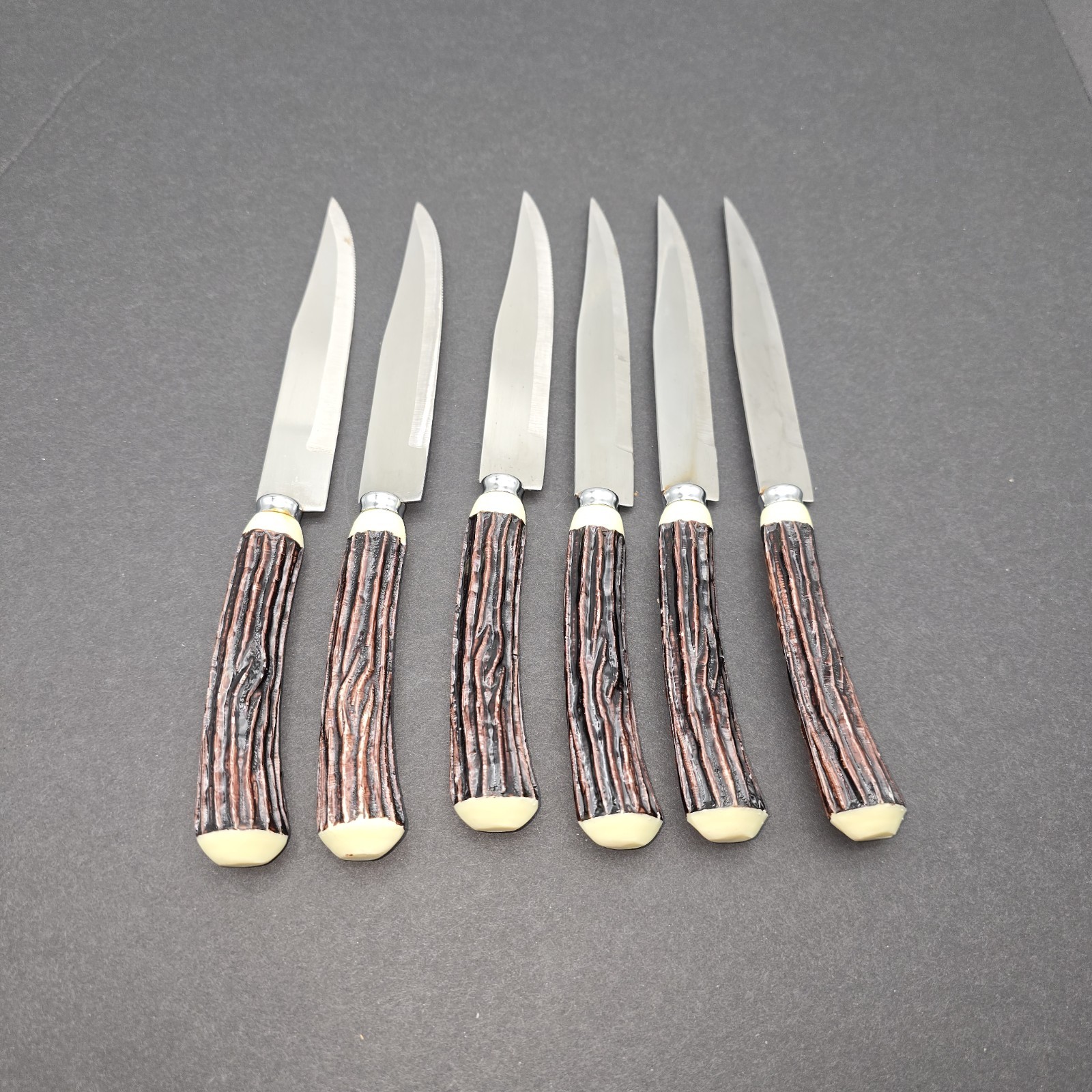 Vtg Set of 6 Steak Knives Faux Antler Handle MCM Stainless Steel Japan 8″