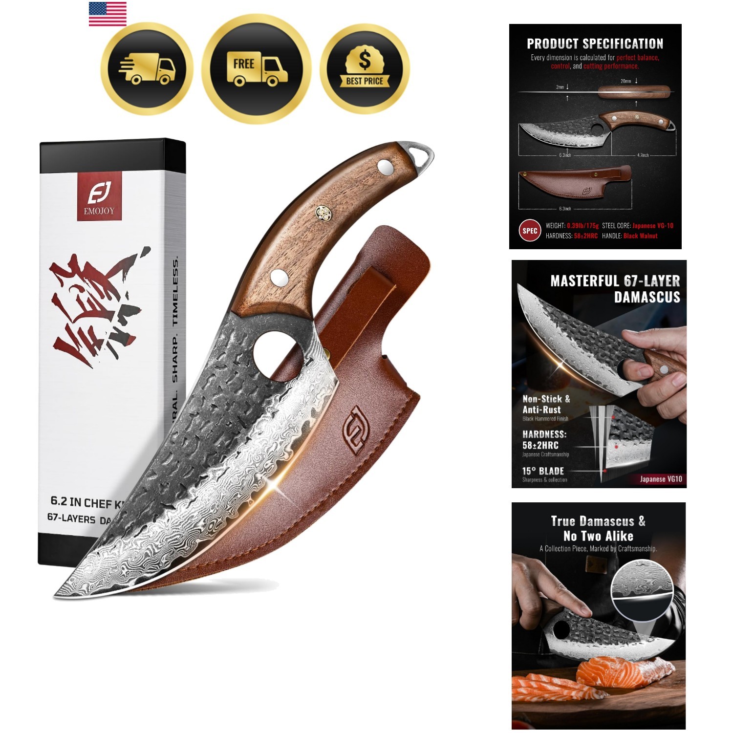 Damascus Chef Knife, 6.3″ Japanese 67-Layer Steel, Walnut Handle | Includes l…