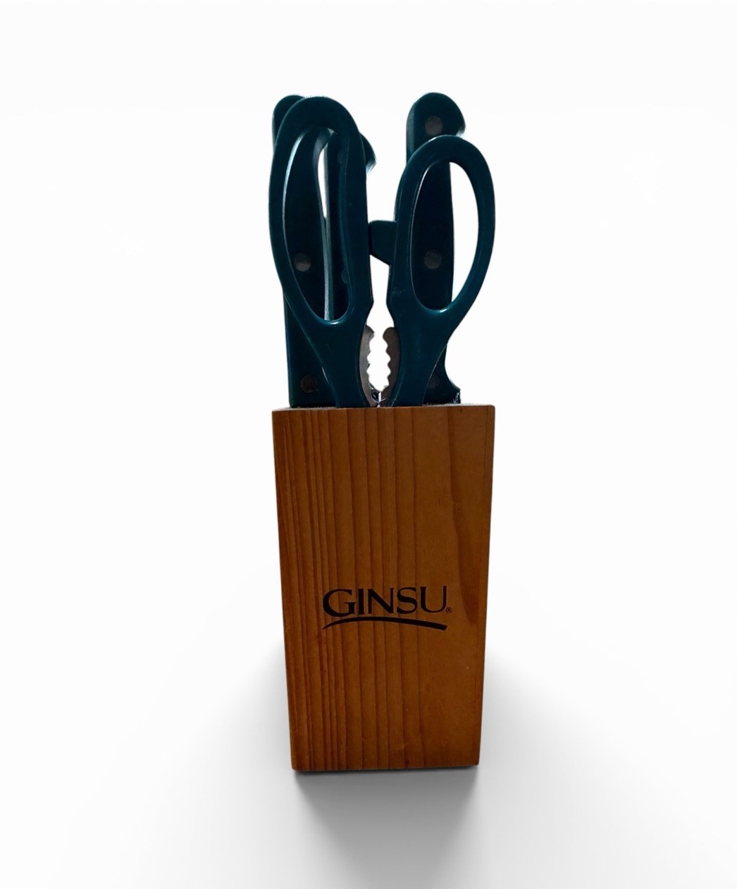Ginsu Cultery 3 Serrated Knife & Scissor Teal Handle Set With Wood Storage Block