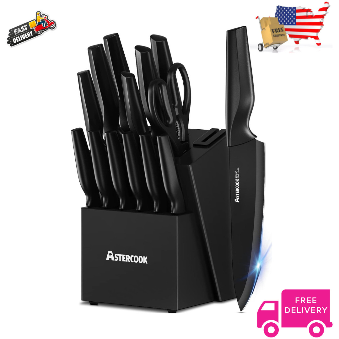 Astercook Knife Set, Kitchen Knife Set ( 15 PC ) with Built-in Sharpener Block