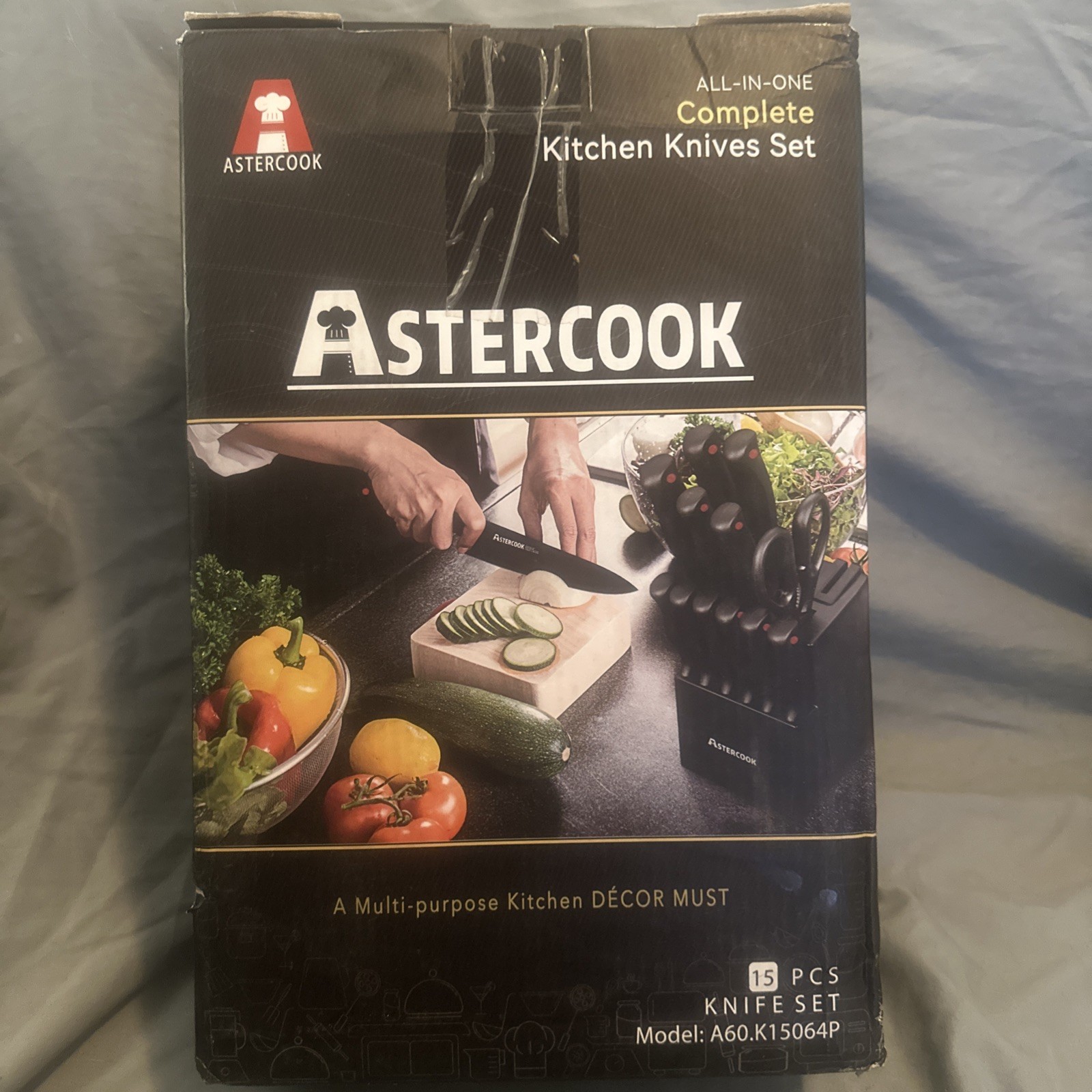 Astercook 15 Piece Knife Set with Sharpener Block – German Stainless Steel,Black