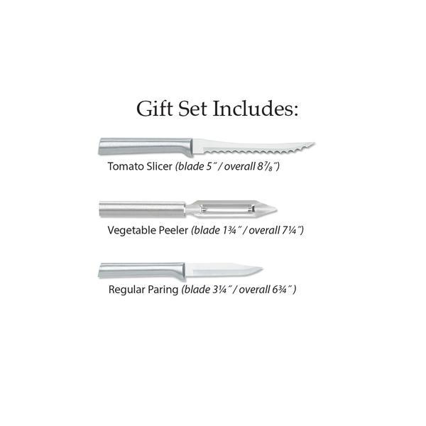 Rada Kitchen Prep Knives USA made L/R hands, Tomato, Peeler, Paring 3pc + Silver