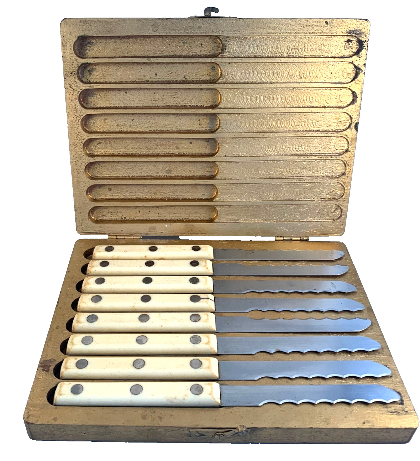 Steak Knives Bakelite Handles Simmons Set of 8 Stainless Original Wood Box